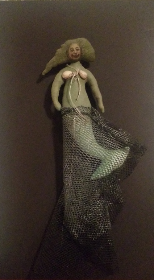 Green Mermaid figure - painted with sea shells and upcycled net