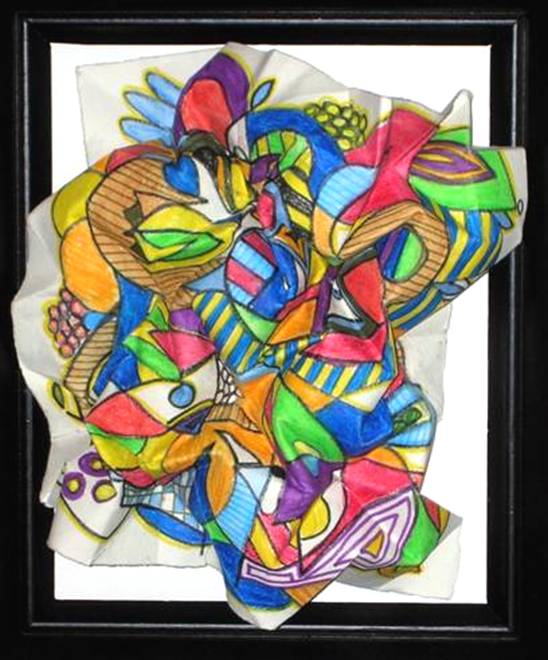 Waterbomb dry fold on very stiff watercolor acrylic painted abstract - fold design by Gjerde
